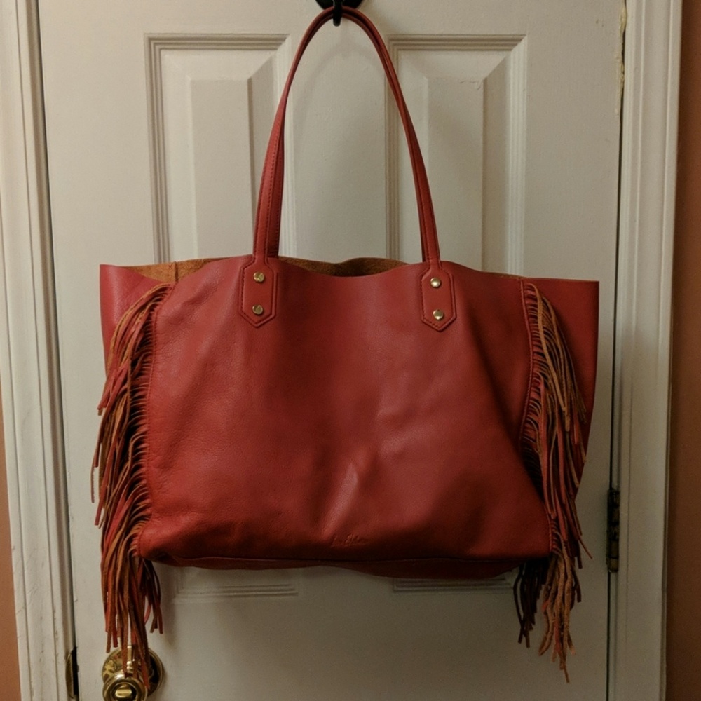 Sam Edelman bright coral leather fringe tote nwt